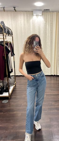Yüksek Bel Boru ve Kesik Paça Denim Pantolon