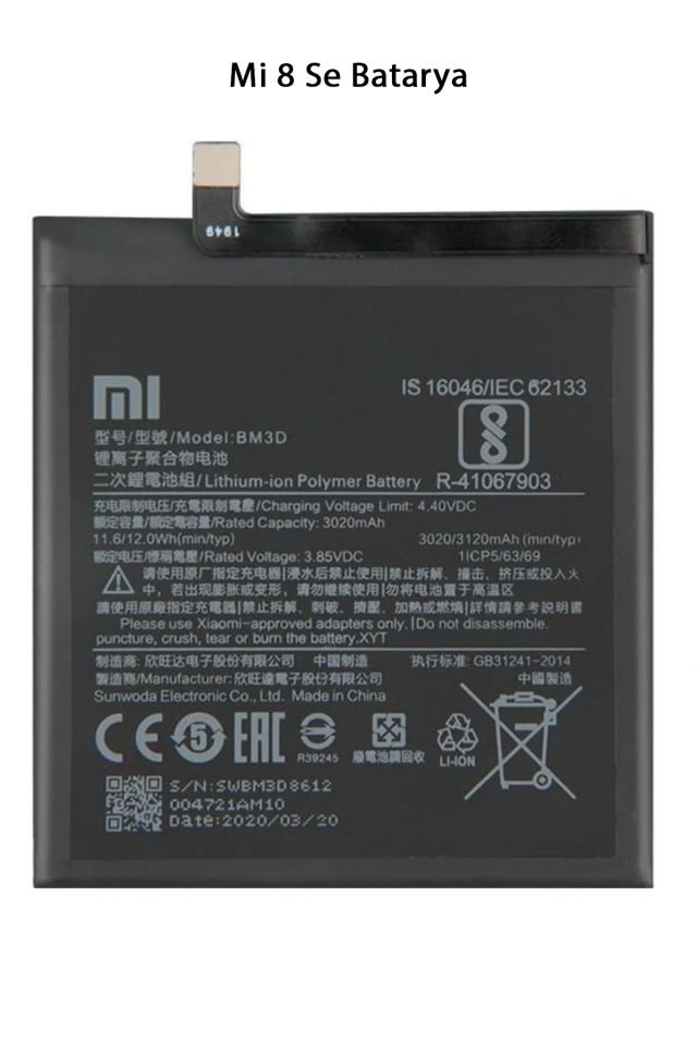 Mi 8 Se Telefonlarla Uyumlu Batarya 3120 mAh