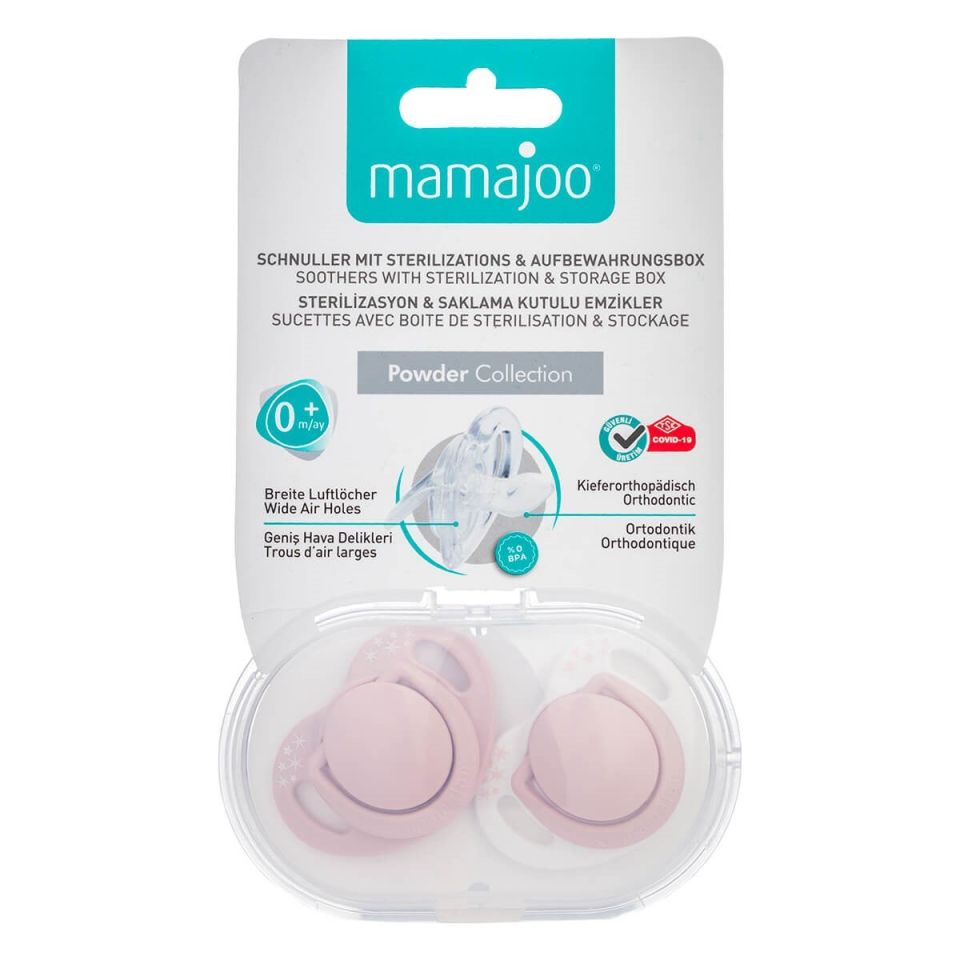 Mamajoo Sterilizasyon & Saklama Kutulu Powder Pink Desenli İkili Ortodontik Emzik / 0 Ay+