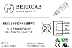 BRC12-SF42N0-02BPVC | Berrcab M12 Düz Dişi 4 Pin 2 Metre PVC Kablolu Konektör - Sensör/Aktüatör Kablosu