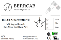 BRC08-AF32N0-02BPVC | Berrcab M8 Açılı Dişi 3 Pin 2 Metre PVC Kablolu Konektör - Sensör/Aktüatör Kablosu