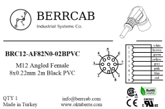 BRC12-AF82N0-02BPVC | Berrcab M12 Açılı 8 Pin 2 Metre PVC Kablolu Konektör - Sensör/Aktüatör Kablosu