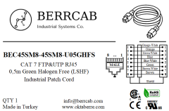 BEC45SM8-45SM8-U05GHFS | Berrcab Eth RJ45 Düz 8 Pin Erkek-Düz 8 Pin Erkek 0,5 Metre HF RJ45 Haberleşme Kablosu - Halogen Free, Cat7 Cable