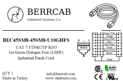 BEC45SM8-45SM8-U10GHFS | Berrcab Eth RJ45 Düz 8 Pin Erkek-Düz 8 Pin Erkek 1 Metre HF RJ45 Haberleşme Kablosu - Halogen Free, Cat7 Cable