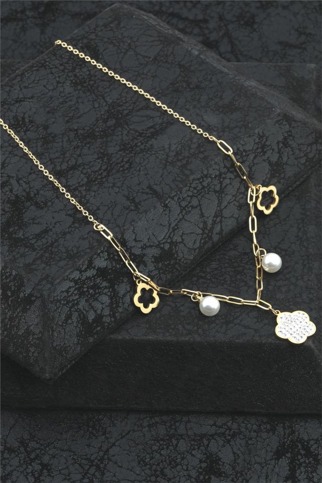 Kadın Çelik Kolye Yıldız Figürlü İncili Gold Renk