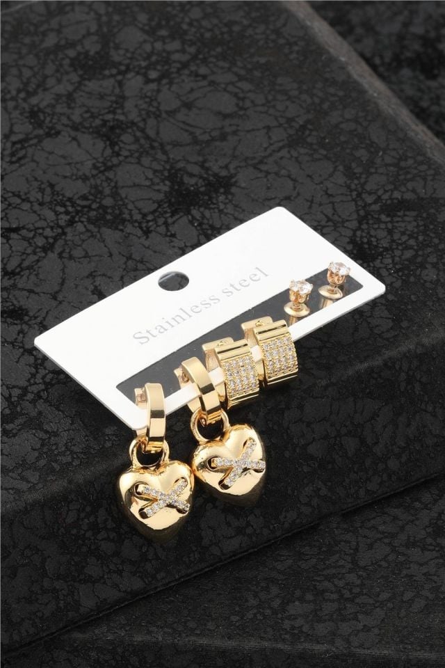 Çelik Altılı Love Gold Renk Küpe Set