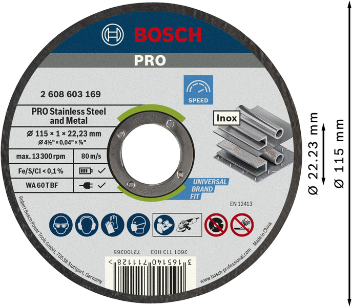 Bosch 115x1 mm Inox (Paslanmaz Çelik) Kesme Diski Taşı 10'lu Kutu 2608603254