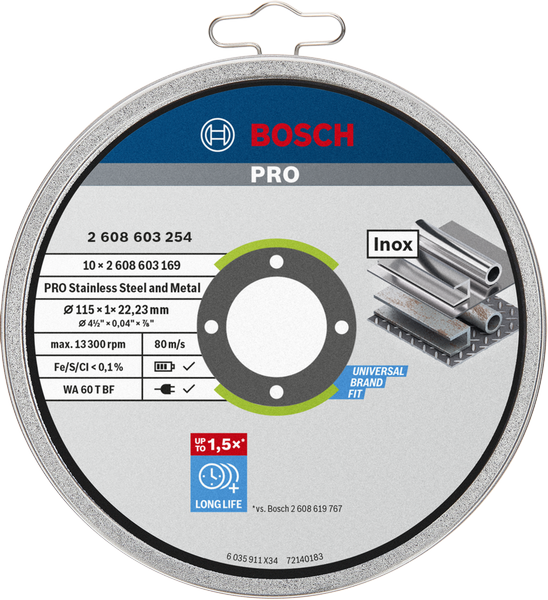 Bosch 115x1 mm Inox (Paslanmaz Çelik) Kesme Diski Taşı 10'lu Kutu 2608603254