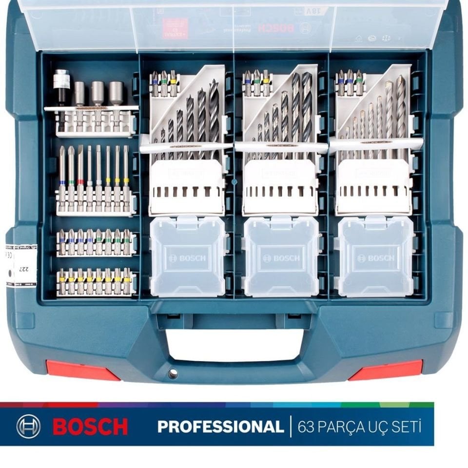 Bosch GSB 18V-21 2 Ah Akülü Darbeli Vidalama Makinesi + 63 Parça Aksesuar Seti