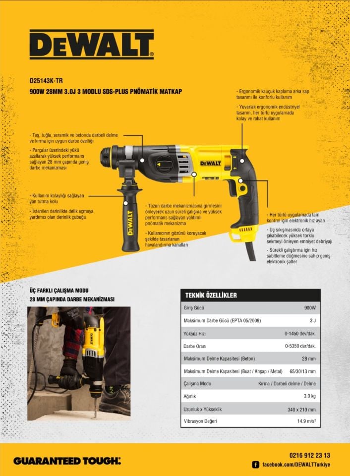 Dewalt 900W 28mm 3.0J SDS-PLUS Kırıcı Delici D25143K