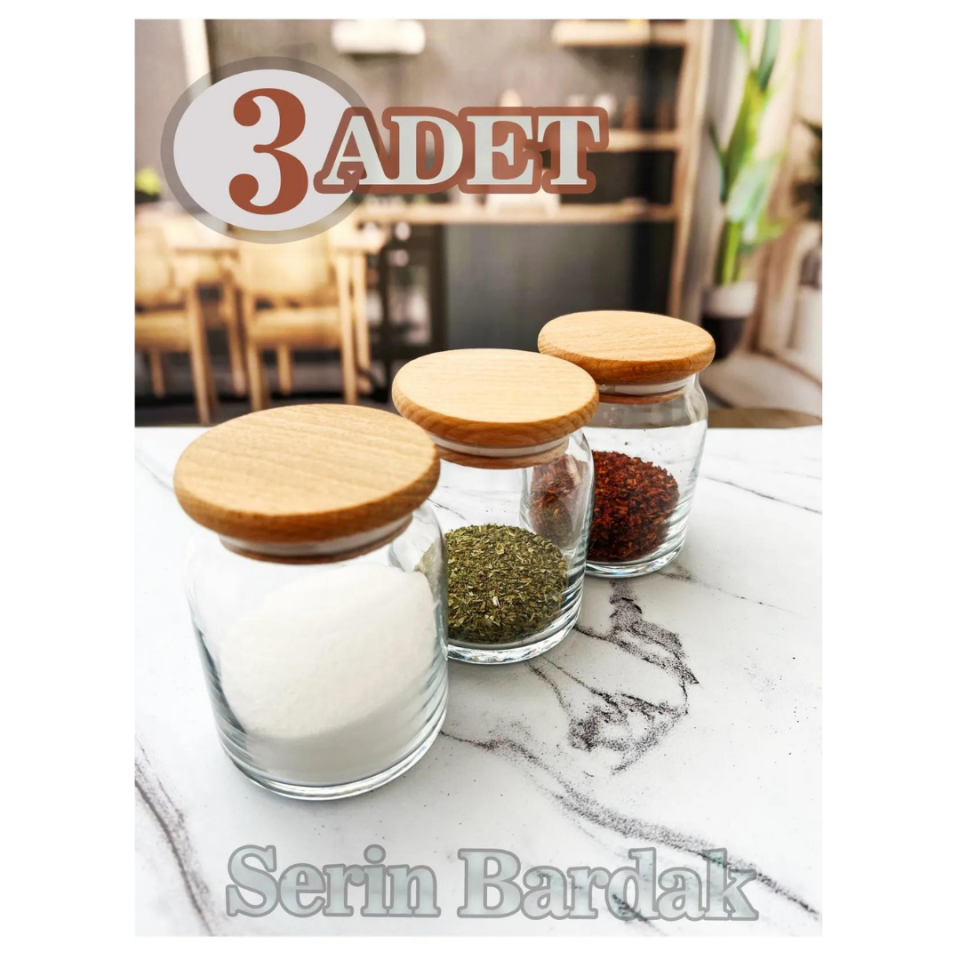 3 Adet Bambu Kapaklı Cam Baharatlık