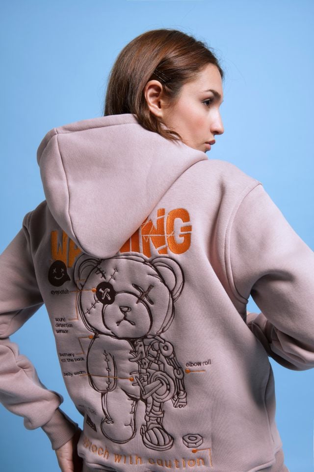WARNING Embroidered Unisex Oversize Brown Hoodie