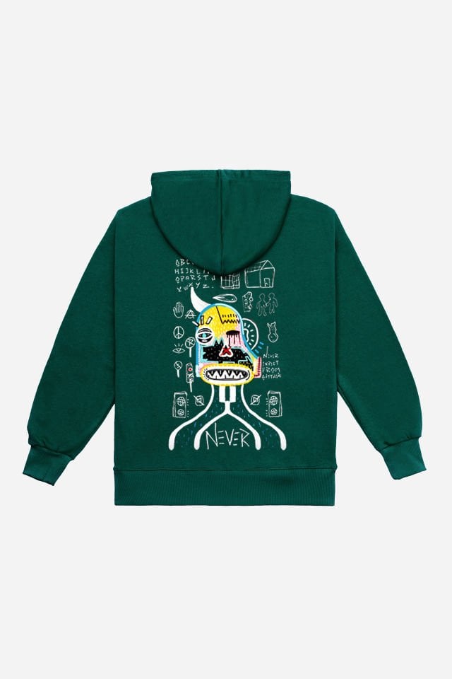 NEVER Embroidered Unisex Oversize Dark Green Hoodie