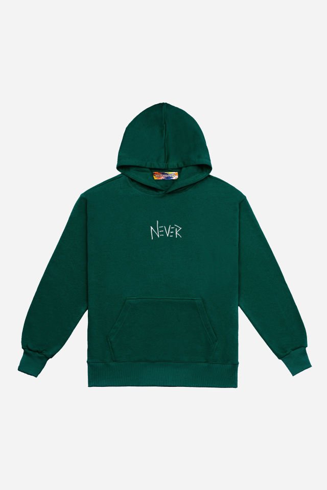 NEVER Embroidered Unisex Oversize Dark Green Hoodie