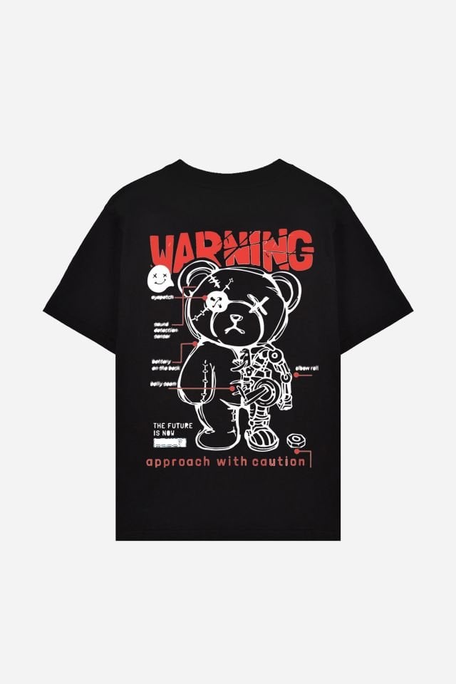 WARNING Baskılı Oversize Unisex Siyah Tshirt XS