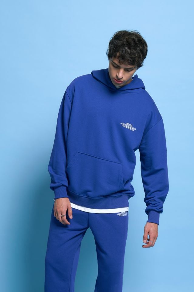 BeFourOut Printed Oversize Unisex Saxe Blue Hoodie