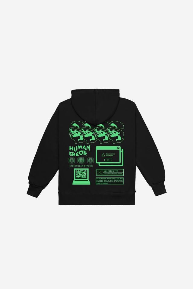 HUMAN ERROR Nakışlı Unisex Oversize Siyah Hoodie M