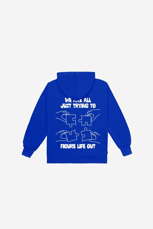 PUZZLE Nakışlı Unisex Oversize Saks Hoodie XL