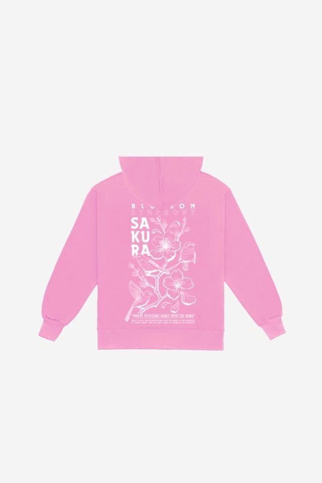 SAKURA Nakışlı Unisex Oversize Pembe Hoodie XL