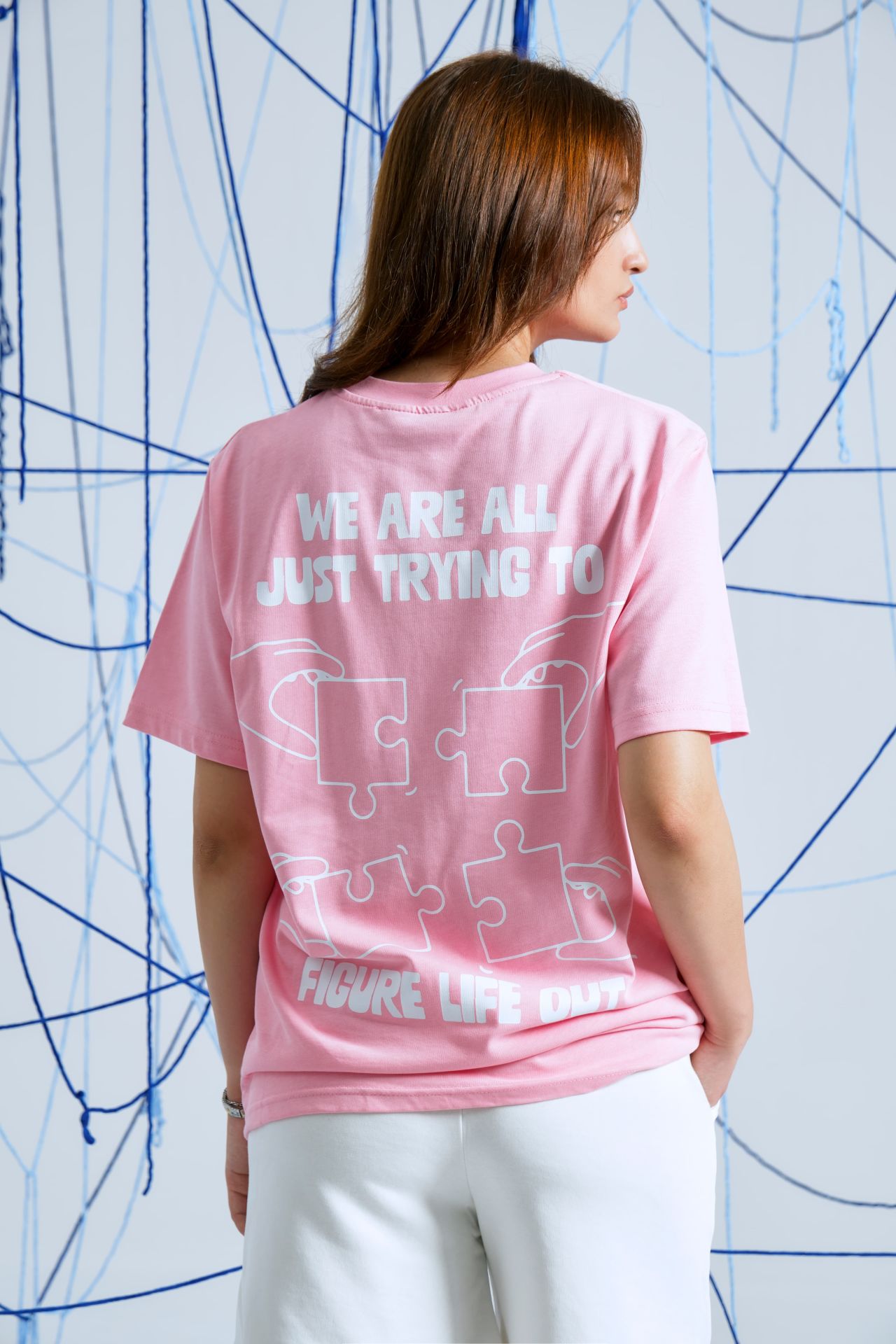 PUZZLE Baskılı Oversize Unisex Pembe Tshirt XS