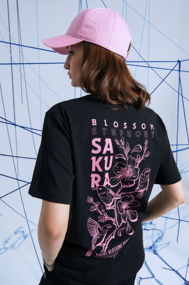 SAKURA Baskılı Oversize Unisex Siyah Tshirt XL