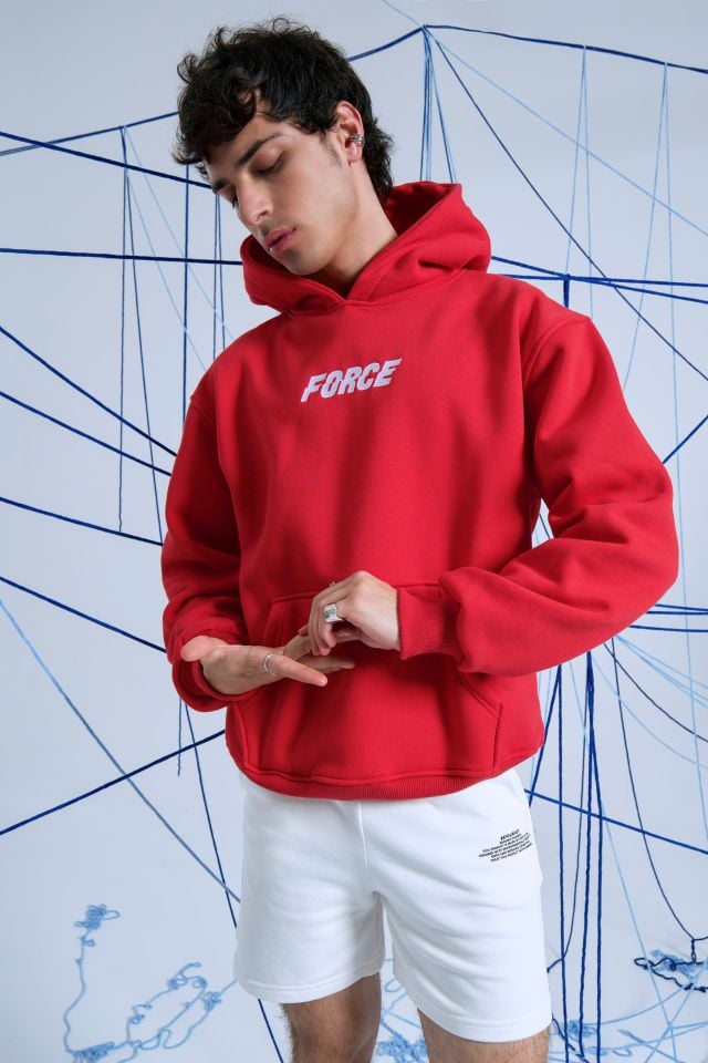 FORCE Nakışlı Unisex Oversize Kırmızı Hoodie XL