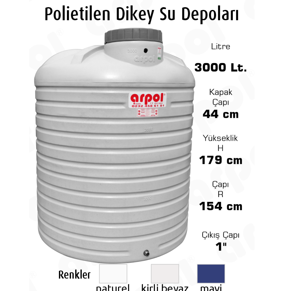 SU DEPOSU DİKEY 3000 LT POLYETİLEN 179X154