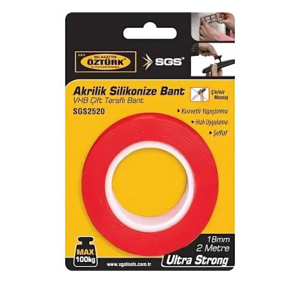 SGS ÇİFT TARAFLI AKRİLİK SİLİKONİZE BANT 18MM 2 MT 2520