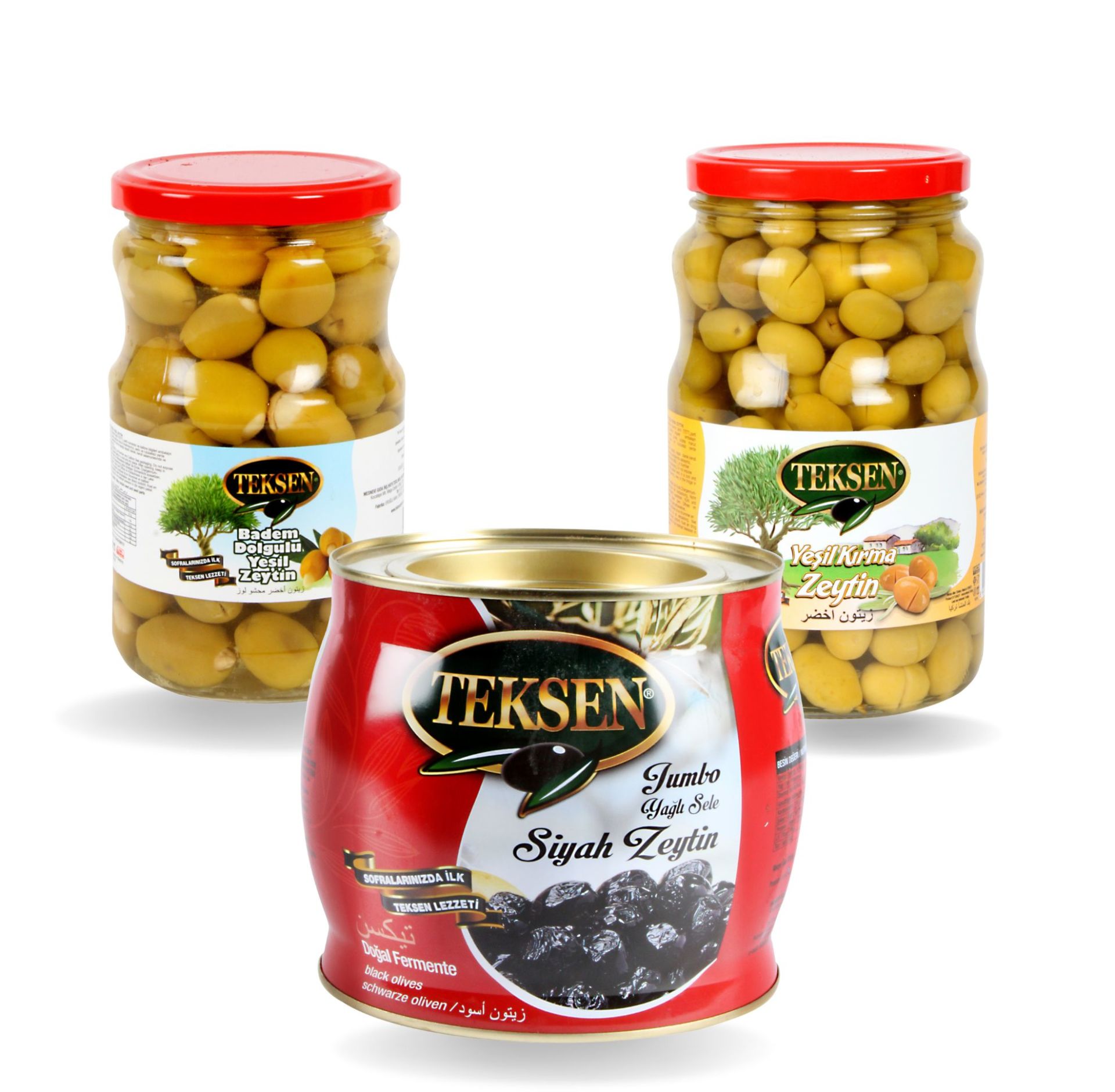 TEKSEN Oily Saddle Black Olive Tin-Red-1800G - Almond Filled Green Olive Glass Jar-400G - Cracked Green Olive Glass Jar-1000G