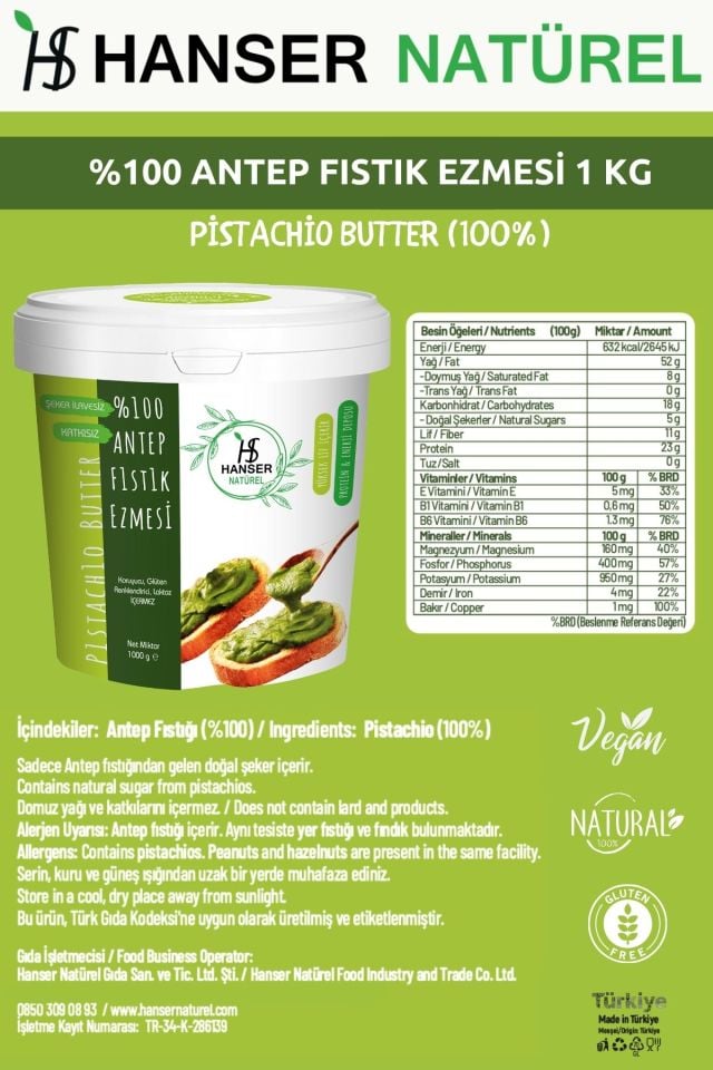 Hanser Natürel %100 Antep Fıstığı Ezmesi 1 Kg Kova