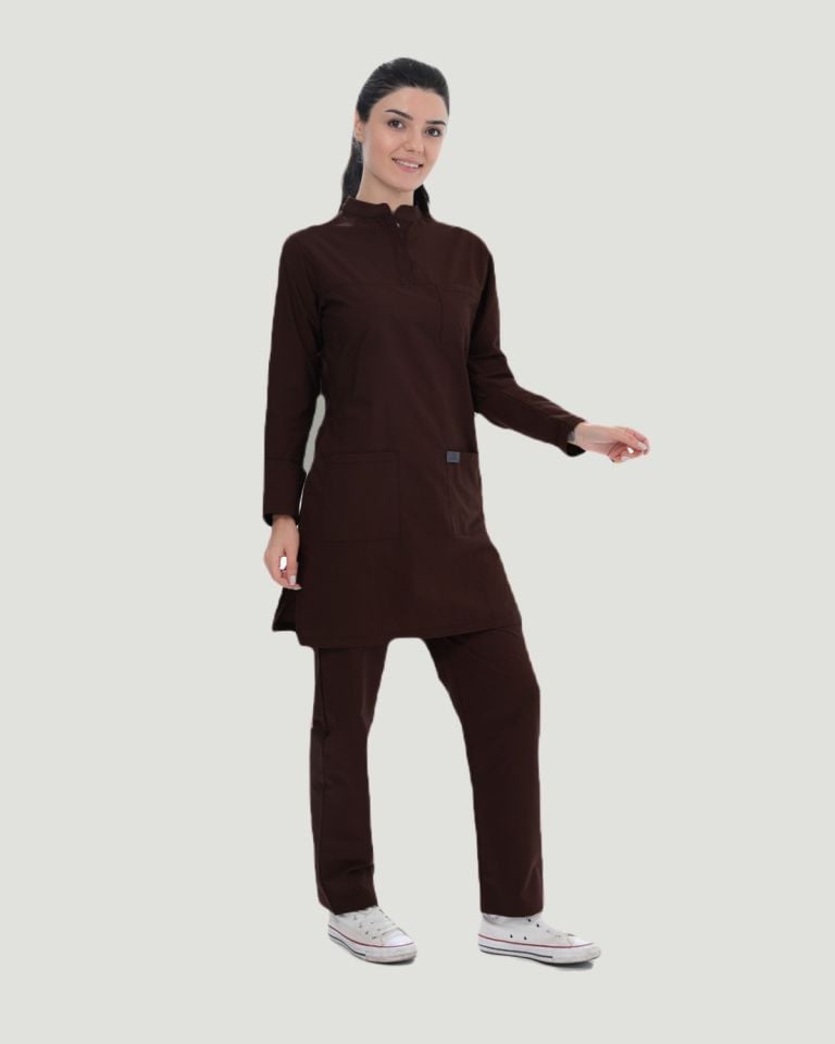 TERİKOTON (İNCE KUMAŞ) TESETTÜR CERRAHİ UNİFORMA TAKIM M - Kahverengi