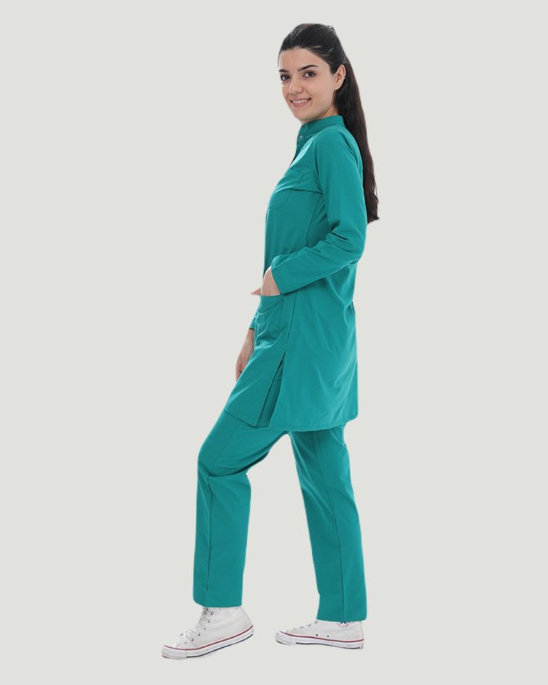 TERİKOTON (İNCE KUMAŞ) TESETTÜR CERRAHİ UNİFORMA TAKIM L - Benetton Yeşil