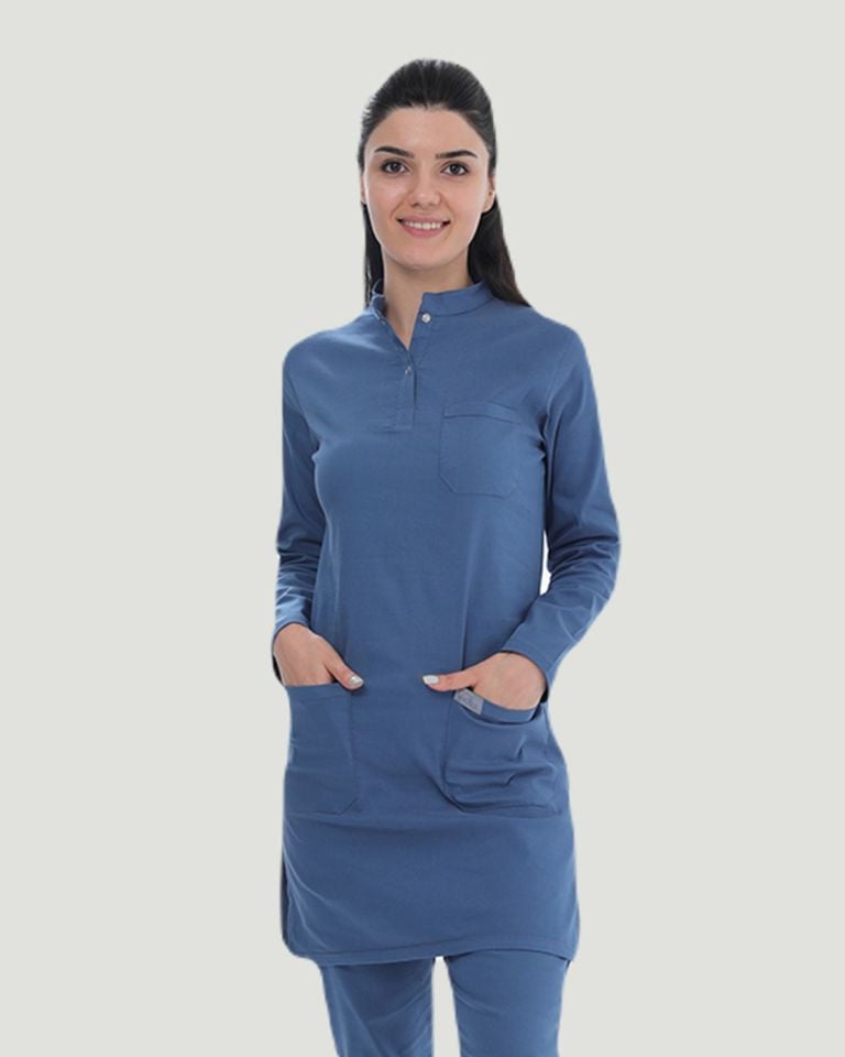 TERİKOTON (İNCE KUMAŞ) TESETTÜR CERRAHİ UNİFORMA TAKIM Indigo - XXL