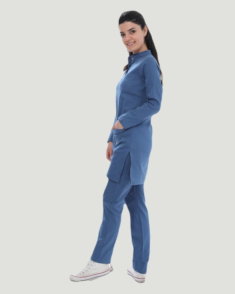 TERİKOTON (İNCE KUMAŞ) TESETTÜR CERRAHİ UNİFORMA TAKIM Indigo - XXL