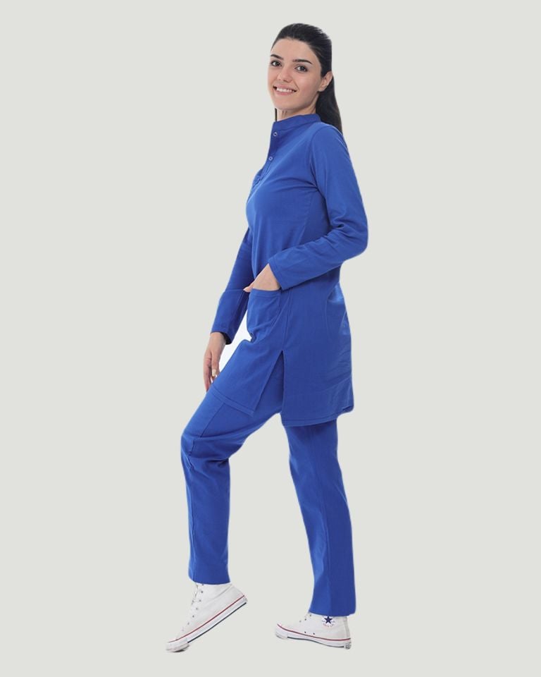 TERİKOTON (İNCE KUMAŞ) TESETTÜR CERRAHİ UNİFORMA TAKIM Saks Mavi - XXL