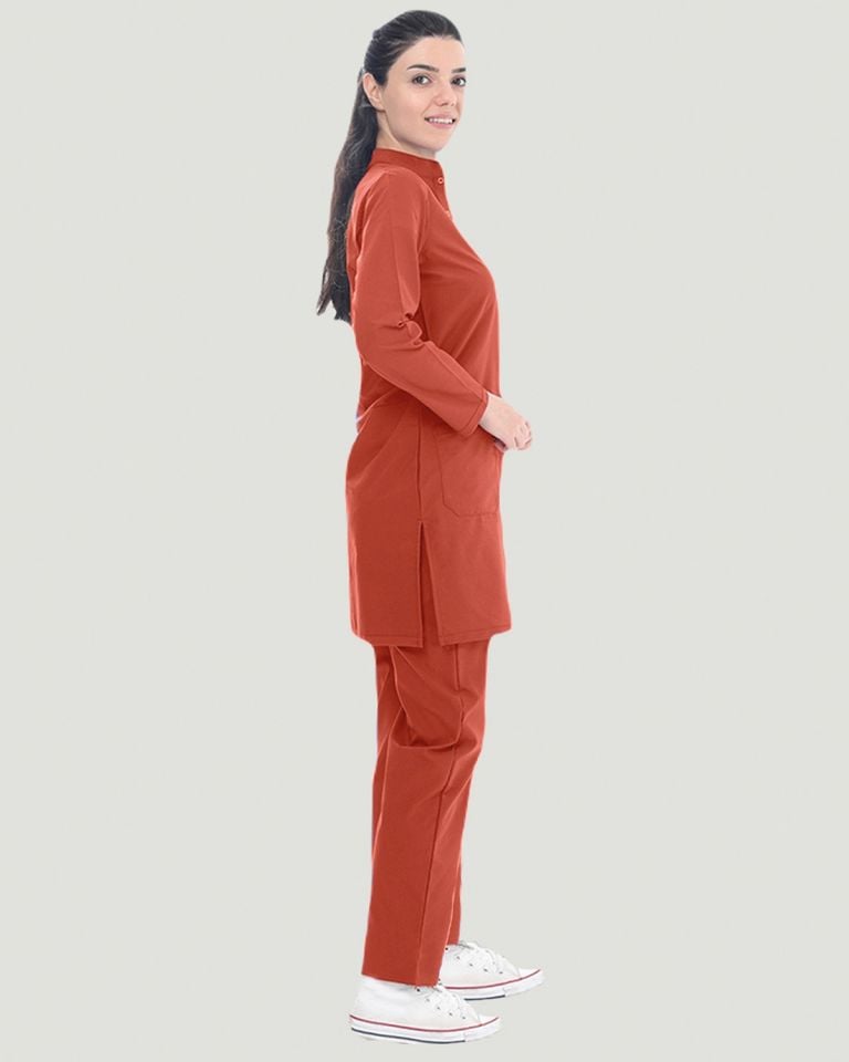 TERİKOTON (İNCE KUMAŞ) TESETTÜR CERRAHİ UNİFORMA TAKIM XL - Yanık Turuncu