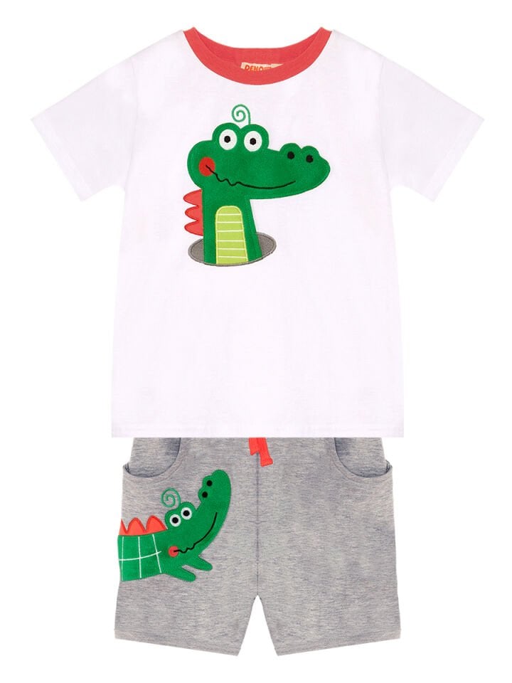 Timsah Baggy Erkek Çocuk T-shirt Şort Takım 2 Y - Beyaz Gri Yeşil