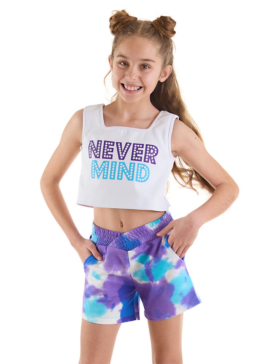 Never Mind Kız Çocuk Crop Top Batik Şort Takım