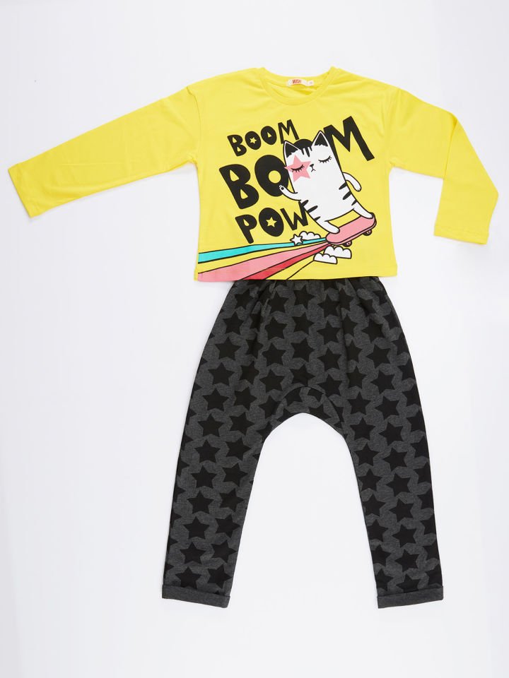 Boom Boom Cat Kız Çocuk T-shirt Pantolon Takım 6 Y - Sarı&Gri