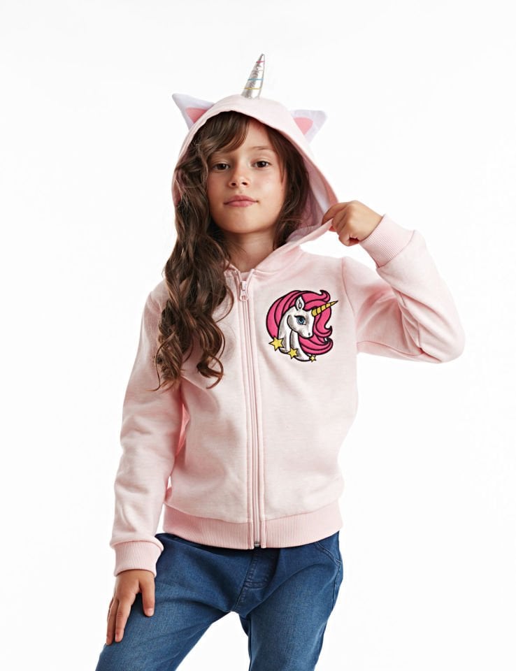 Unicorn Kapişonlu Kız Çocuk Sweatshirt 8 Y - Pembe,Gri,Beyaz