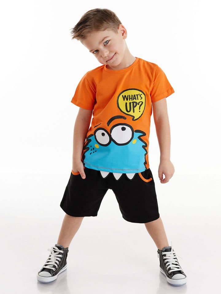 Whatsup Monster Erkek Çocuk T-shirt Şort Takım 6 Y - Turuncu, Siyah