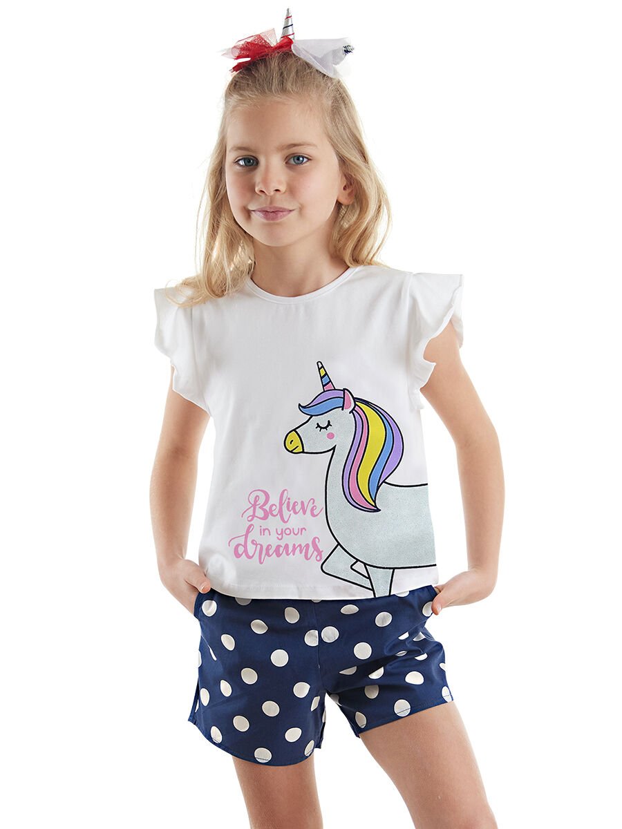 Sim Unicorn Kız Çocuk T-Shirt Poplin Şort Takım 5 Y - Beyaz, Lacivert