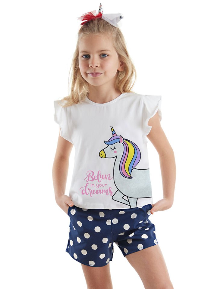 Sim Unicorn Kız Çocuk T-Shirt Poplin Şort Takım 7 Y - Beyaz, Lacivert