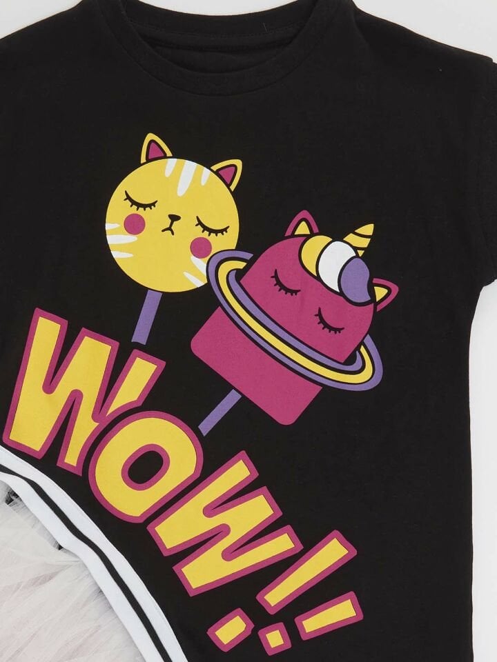 Wow Tüllü Kız Çocuk T-Shirt Pembe Tayt Takım