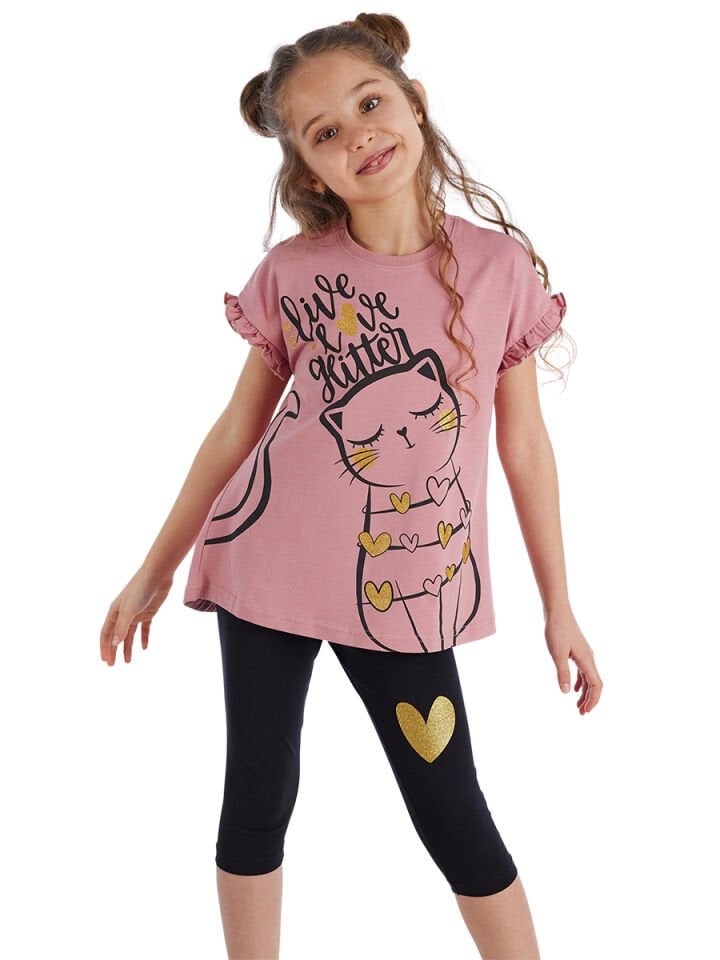 Love Cat Kız Çocuk T-shirt Tayt Takım 4 Y - Pembe, Siyah