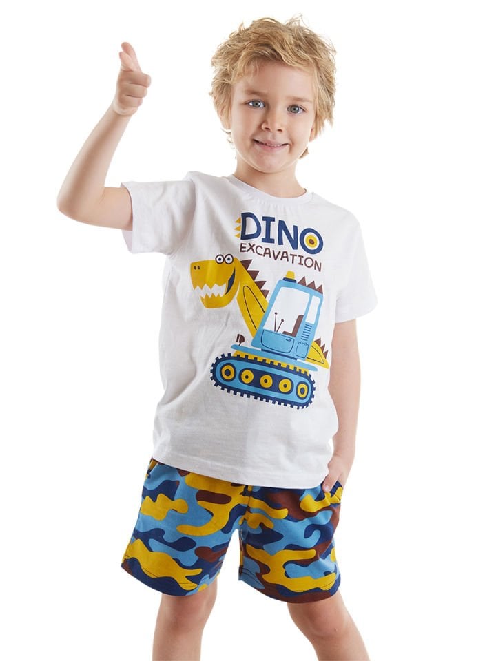 Dino Kazı Erkek Çocuk T-shirt Kamuflaj Şort Takım