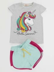 Çiçekli Unicorn Kız T-Shirt Şort Takım 4 Y - Turkuaz, Krem