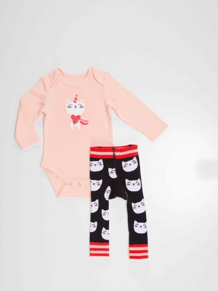 Kedi Kız Bebek Body Tayt-Pantolon Takım 12-18 M - Pembe, Siyah, Beyaz