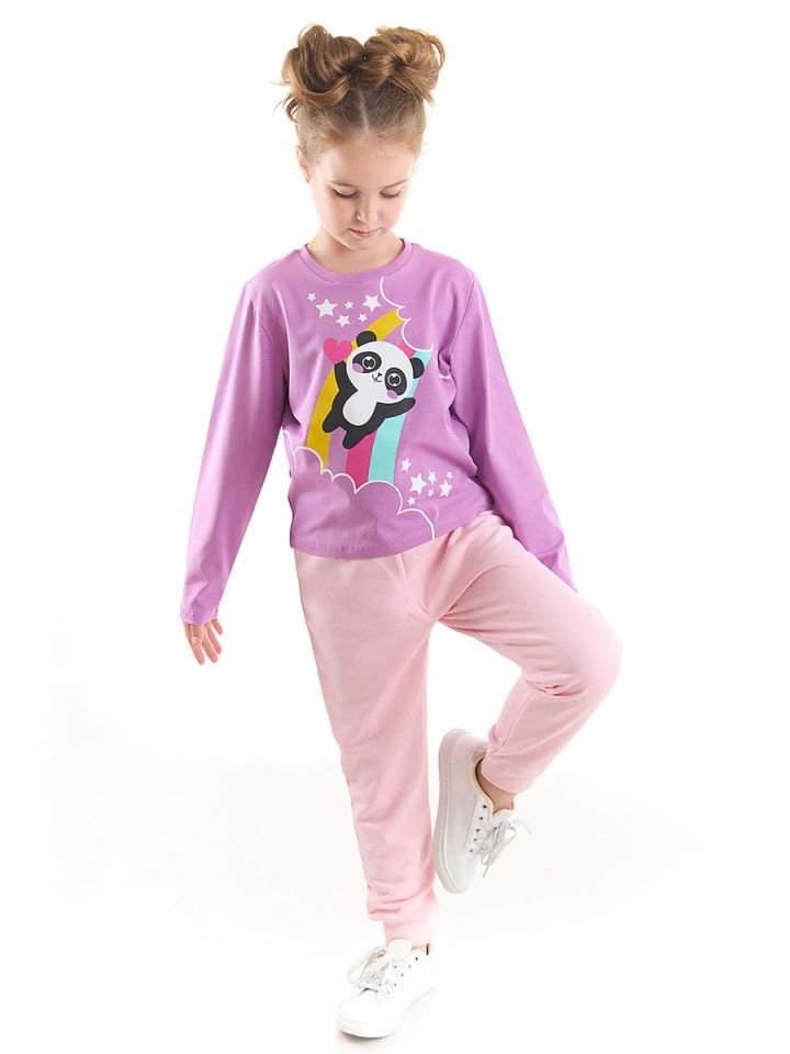 Gökkuşağı Panda Kız Çocuk T-Shirt Pantolon Takım 4 Y - Pembe, Mor