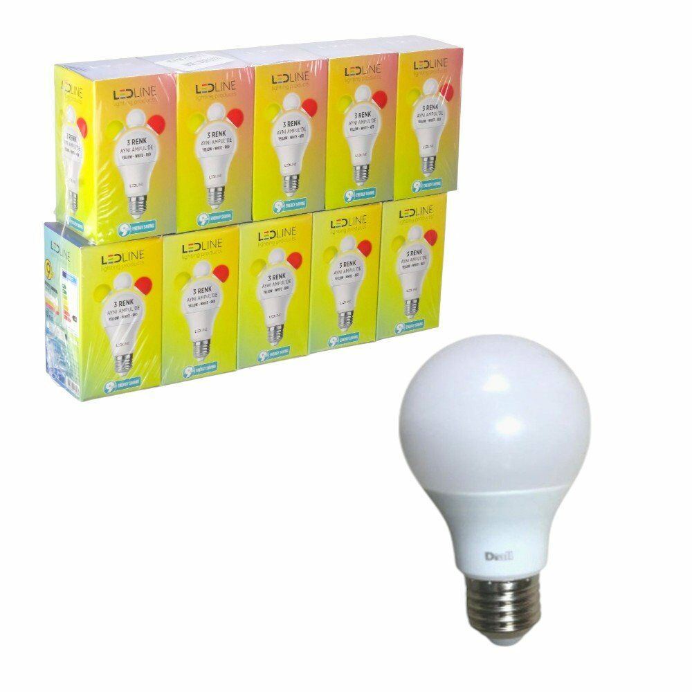 LEDLİNE E27 LED AMPUL 3lü  9W YELLOW-WHİTE-RED100